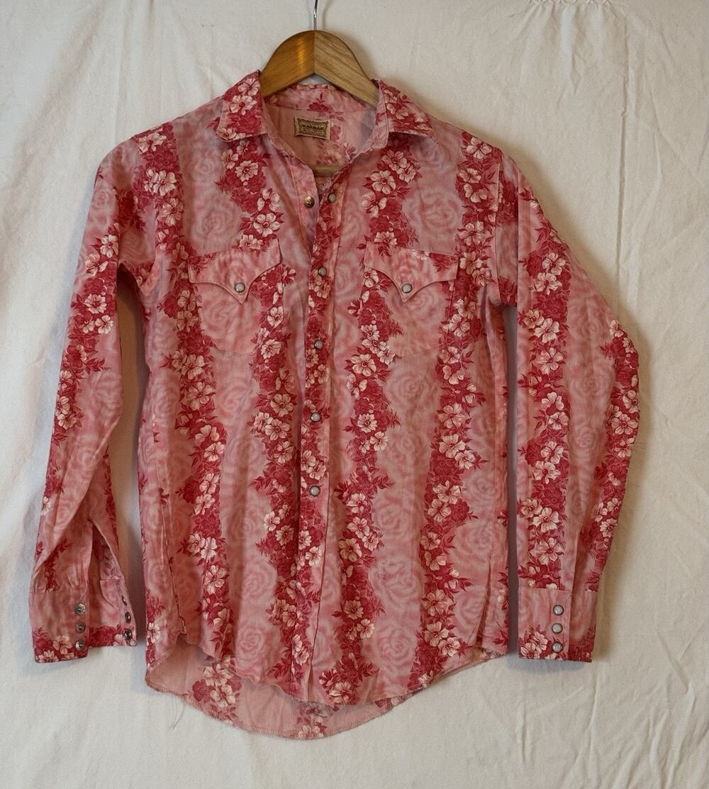 VTG Karman Long Sleeve Pearl Snap Western Shirt Pink Floral Boys 16 Womens XS